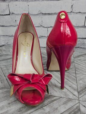 Ivanka Trump Floria Pink Patent Leather Peep Toe Heels Womens 7.5 M Stiletto Bow